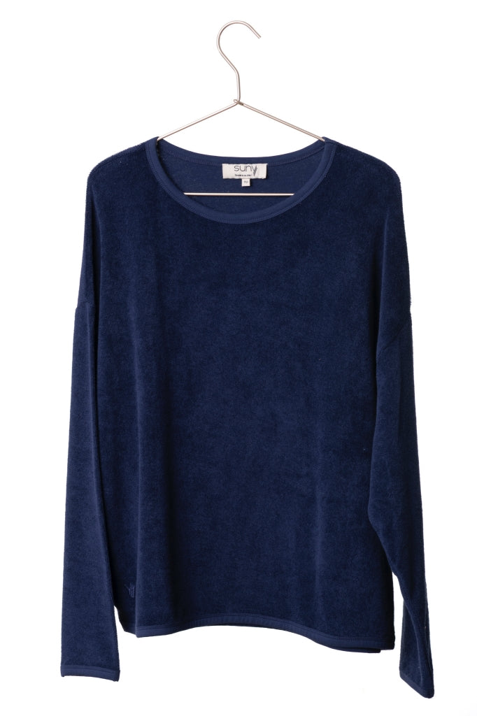 Pull Elsa marine foncé Suny en éponge bouclette coton bio certifié GOTS, coupe oversize