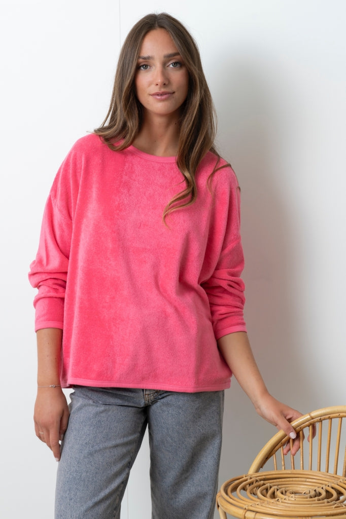 Pull Elsa pink Suny en éponge bouclette coton bio certifié GOTS, coupe oversize