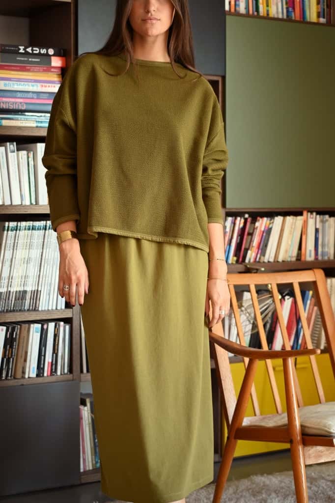 pull femme oversize à chevron manche longue col rond coton bio confortable vert kaki