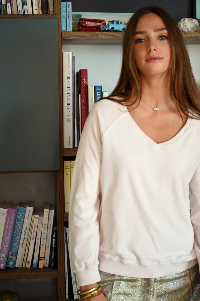 weat femme forme ajustée coton bio éco responsable et GOTS éponge bouclette col V rose poudre, rose pâle, blanc rosé, écru, rose clair