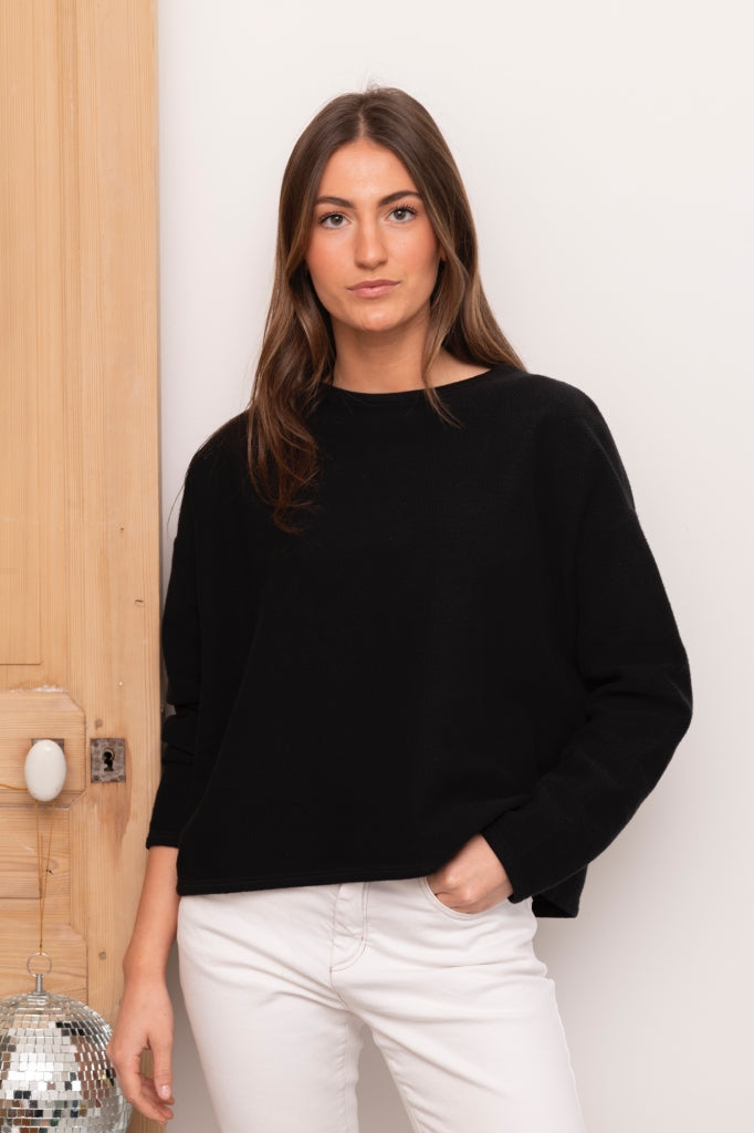 pull femme oversize à chevron manche longue col rond coton bio confortable noir