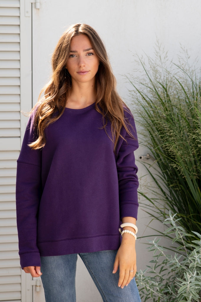 Sweat basique pour femme oversize col rond évasé manche longue manche tombante coton upcyclé molleton violet