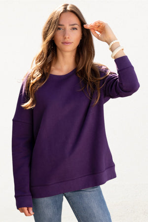 Sweat basique pour femme oversize col rond évasé manche longue manche tombante coton upcyclé molleton violet