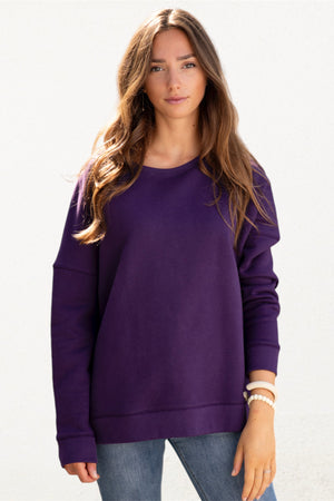 Sweat basique pour femme oversize col rond évasé manche longue manche tombante coton upcyclé molleton violet