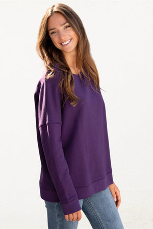 Sweat basique pour femme oversize col rond évasé manche longue manche tombante coton upcyclé molleton violet