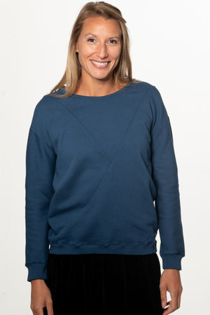 Pull sweat ajusté col rond pour femme en coton bio GOTS eco responsable marque suny bleu foncé bleu marine bleu soutenu