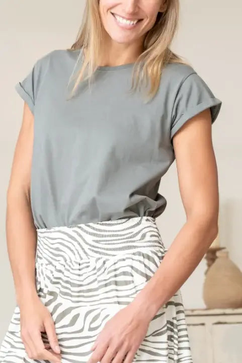 Tee shirt femme à manche courte retournée coupe droite en coton bio certifié GOTS col rond gris kaki, gris, kaki, vert doux, gris vert