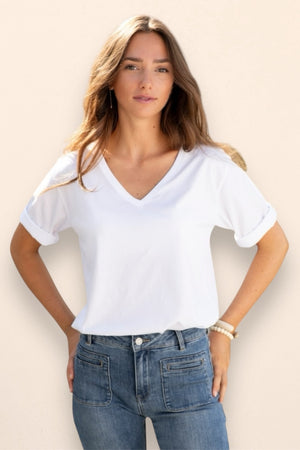 tee shirt basique femme en coton bio col V manche au coude blanc