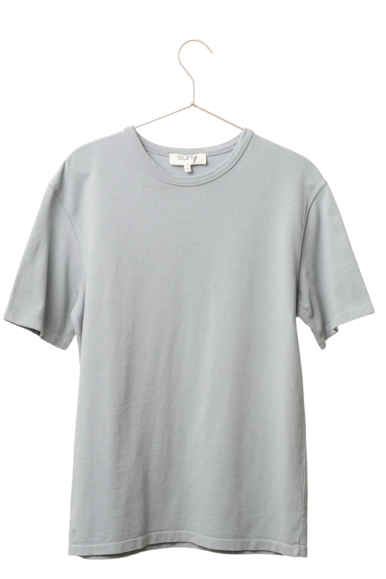 Tee-shirt basique homme manche courte coupe droite, col rond avec double surpiqûre à l’encolure, coton lourd biologique certifié GOTS molleton gris clair bleu