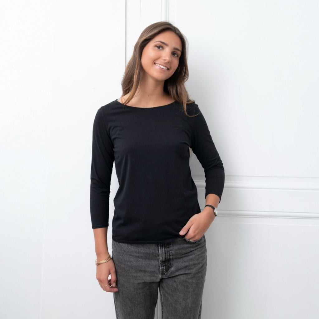 Tee-shirt DANCING SUNY col danseuse, manches trois quarts, coupe ajustée en coton bio certifié GOTS – Suny