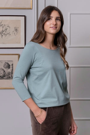 tee shirt col danseuse manche trois quart vert sauge