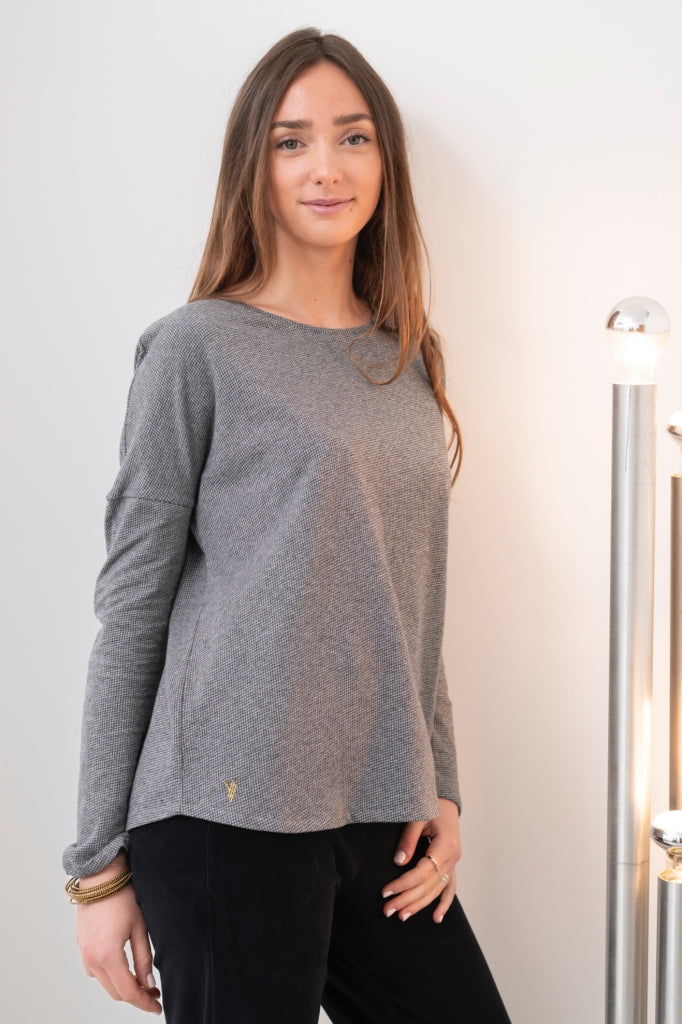 T shirt femme col rond evase manche longue coton upcyclé forme oversize jacquard anthracite