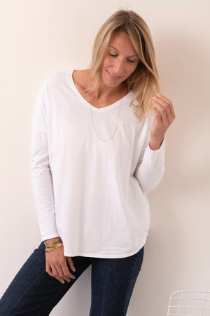 Tee shirt pour femme en coton bio GOTS eco responsable à manche longue, oversize, col V Extra suny blanc