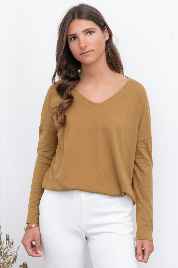 T shirt femme col V manche longue coton bio souple forme oversize HAVANE