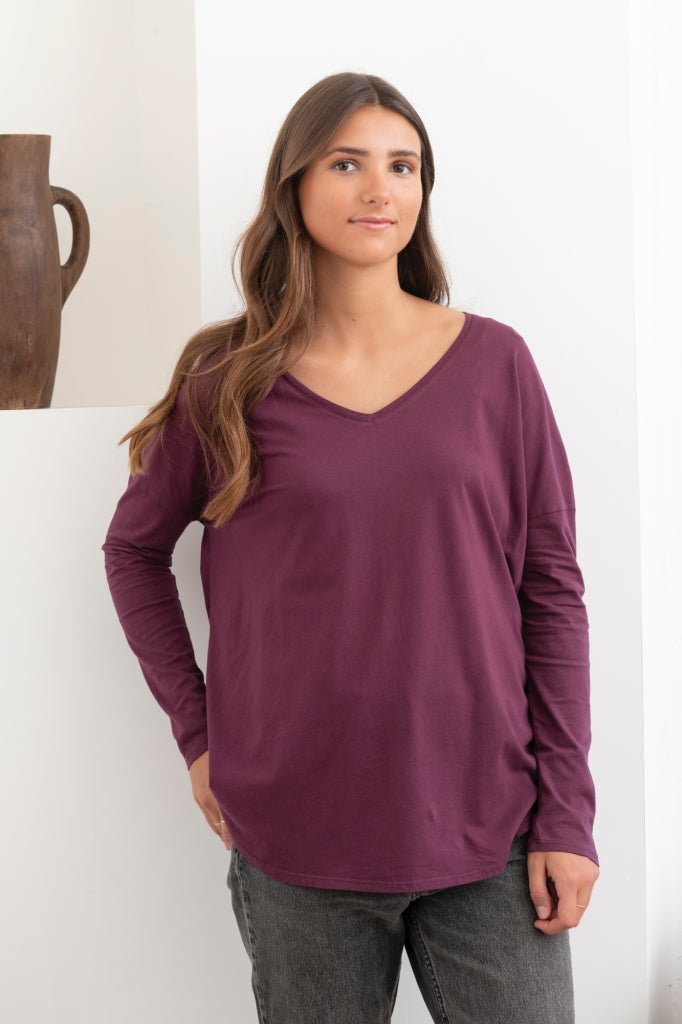 T shirt femme col V manche longue coton bio souple forme oversize prune