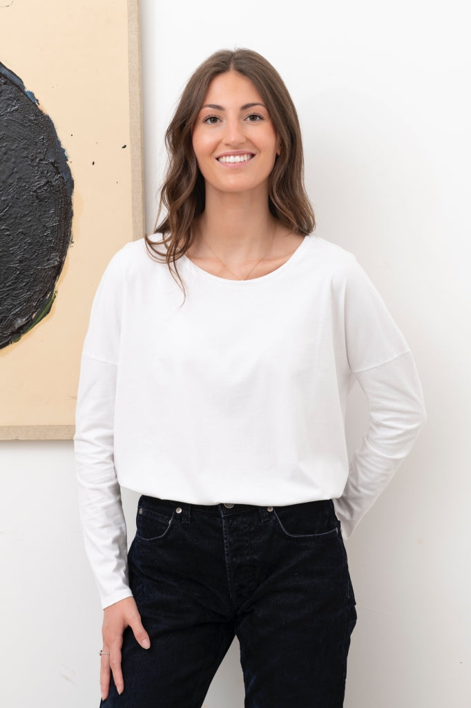 Tee shirt manche longue parfait pour femme en coton bio GOTS eco responsable à manche longue, oversize, col rond Extra suny blanc