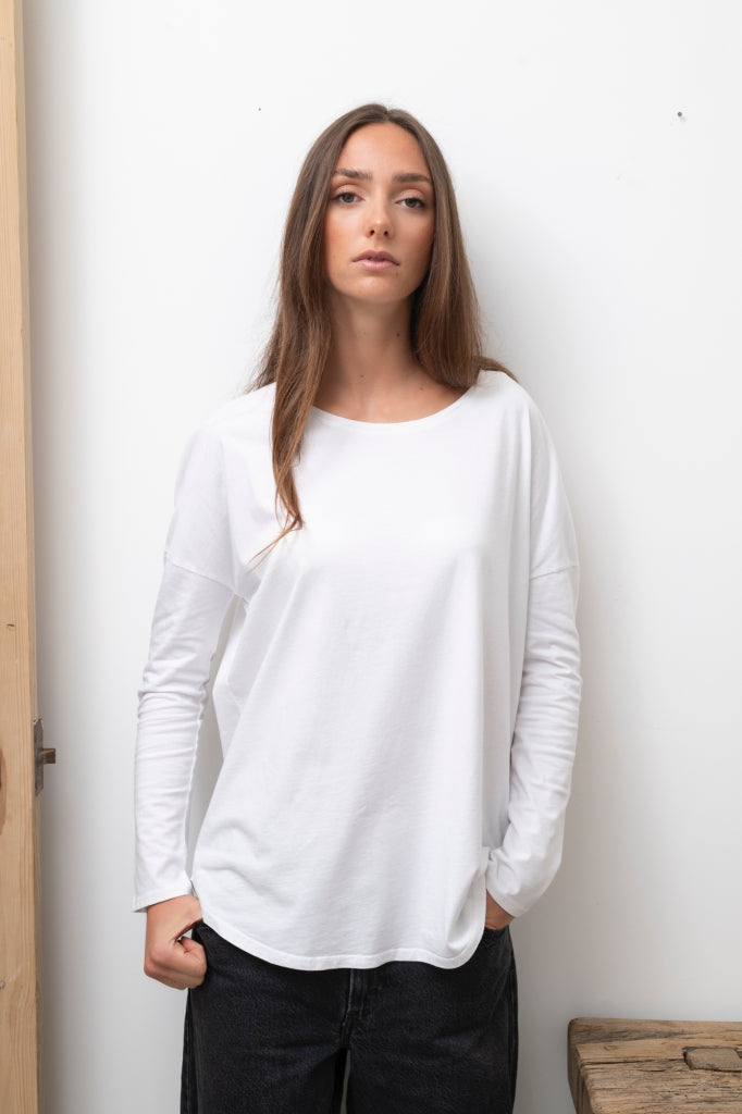 Tee shirt manche longue parfait pour femme en coton bio GOTS eco responsable à manche longue, oversize, col rond Extra suny blanc