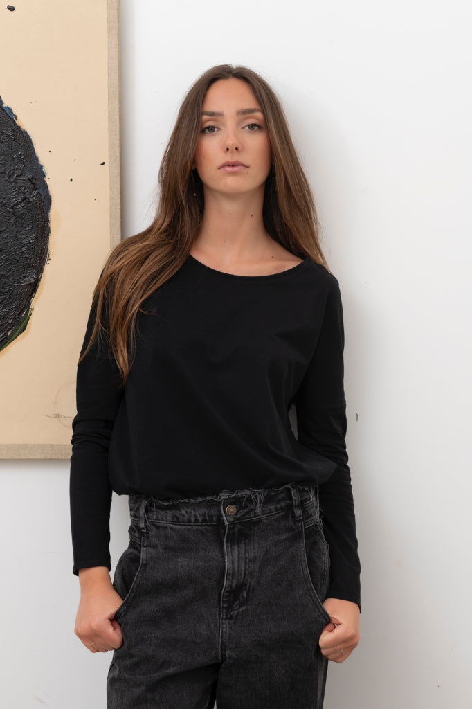 Col Rond Haut Long Manche Longue Femme Tee Shirt Noir Coton Bio