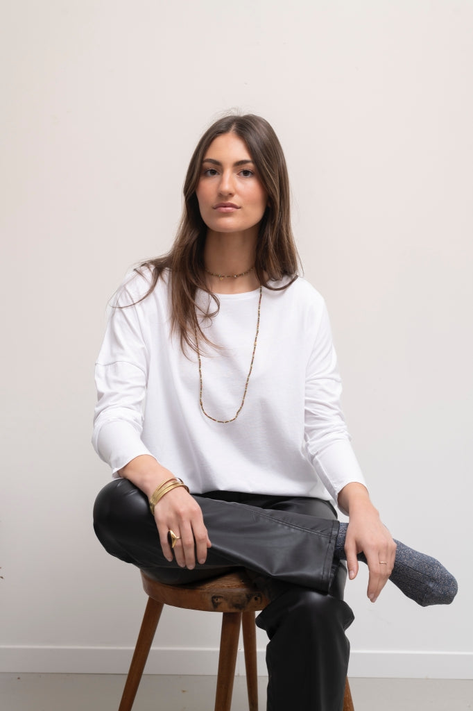 Tee shirt pour femme en coton bio GOTS eco responsable à manche longue, oversize, col rond Extra suny blanc