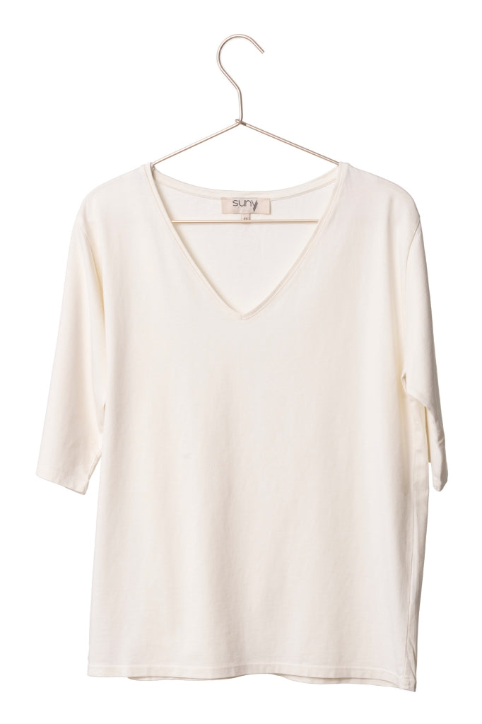 tee shirt col V manche au coude blanc cassé