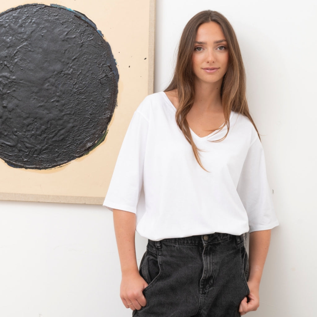 tee shirt blanc col v manche au coude en coton bio femme suny