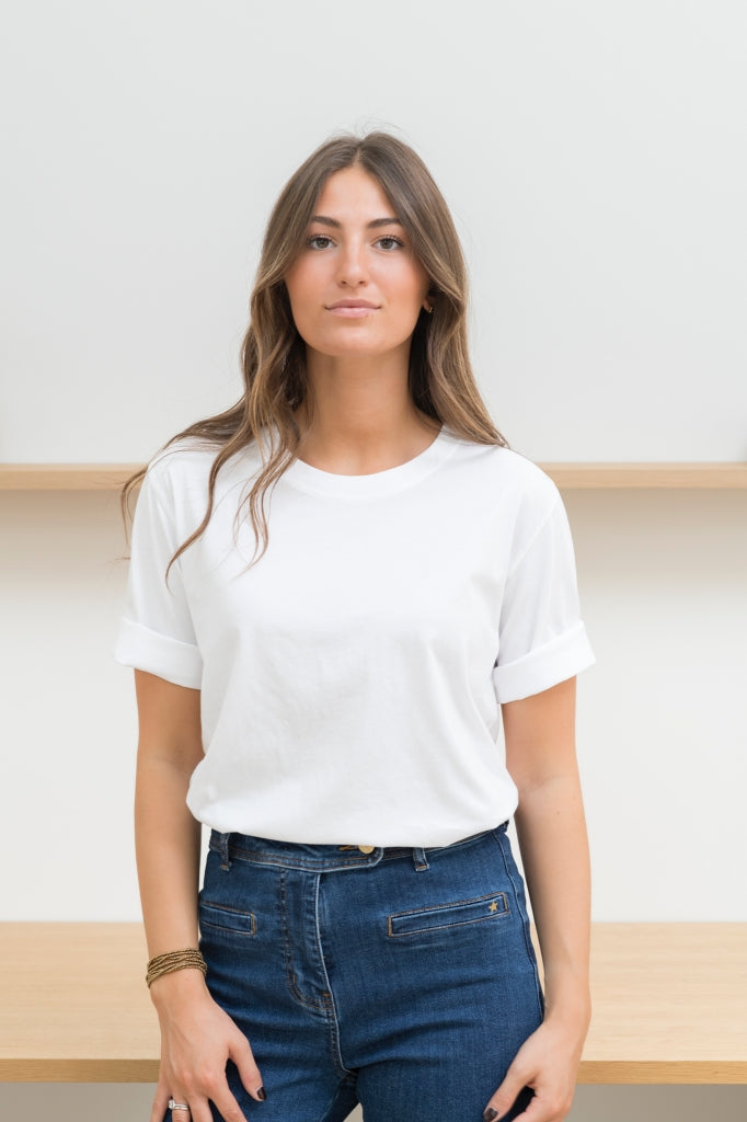 tee shirt femme en coton bio col rond manche au coude blanc