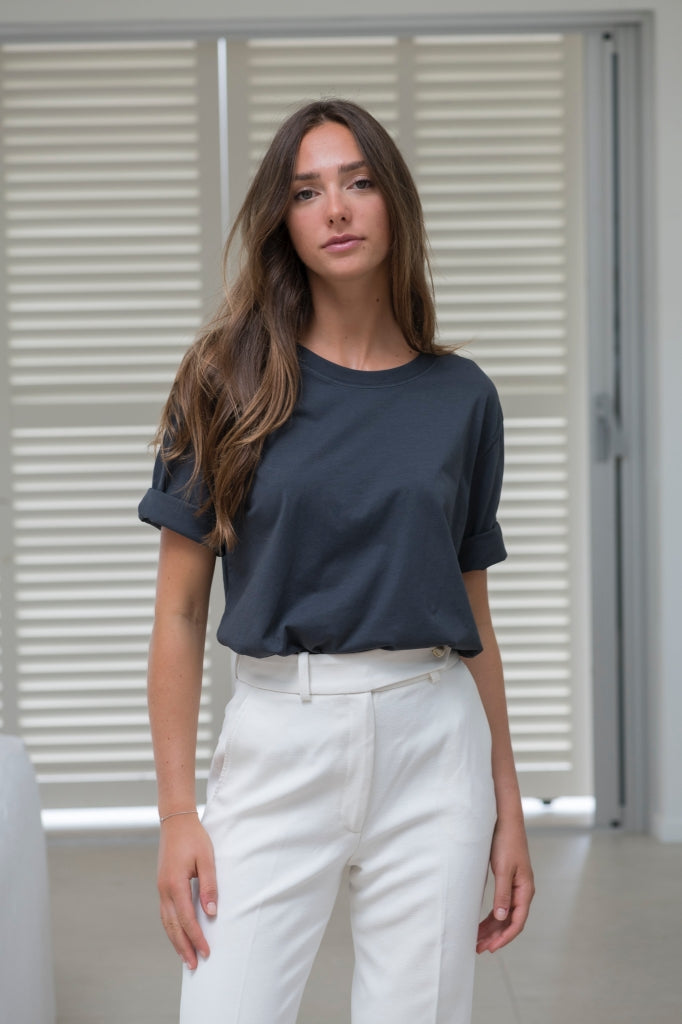 tee shirt basique femme en coton bio col rond manche au coude noir graphite