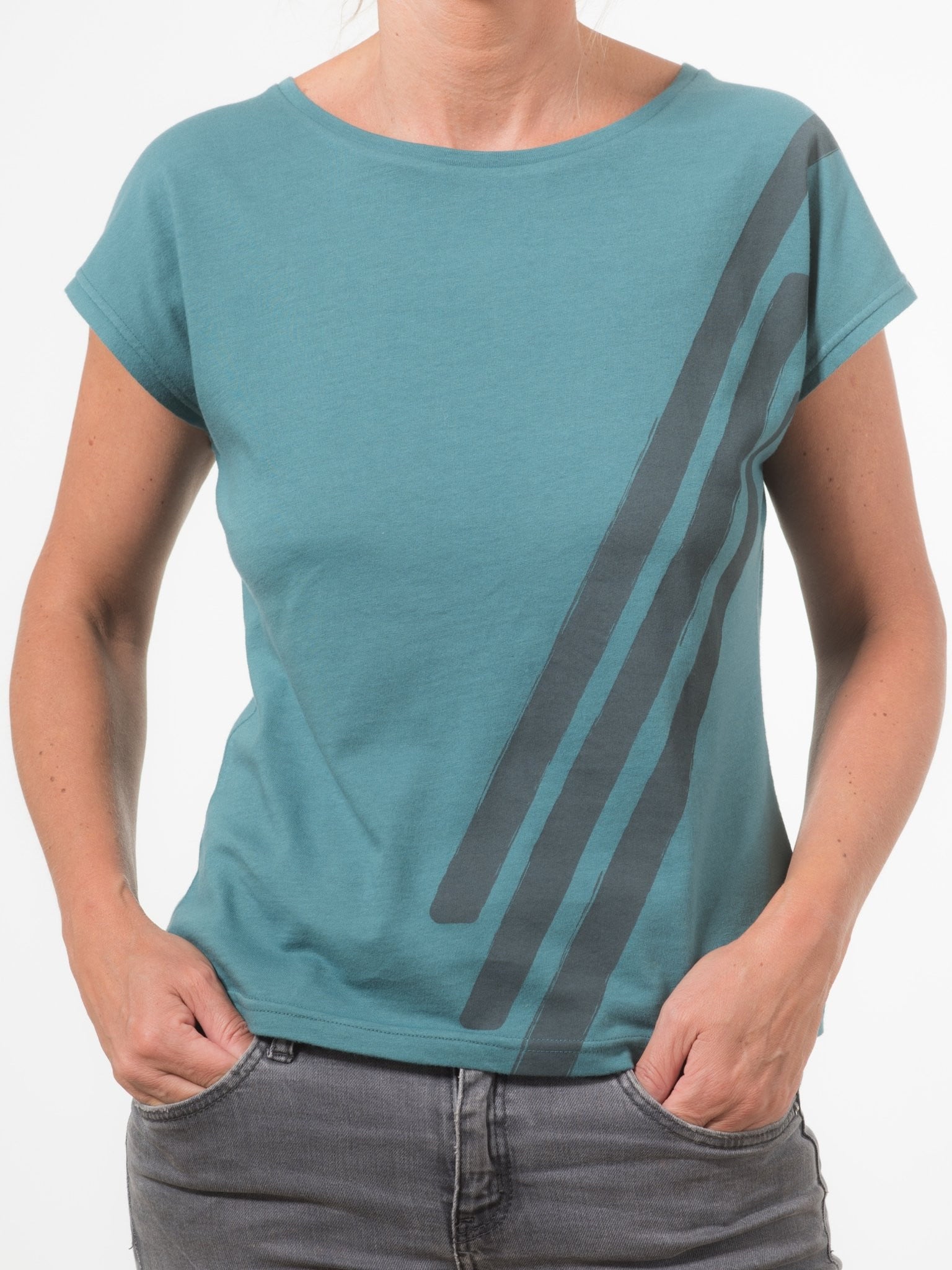 T shirt coton bio eco responsable femme col rond evase manche courte forme ajustee vert bleu print graphique suny