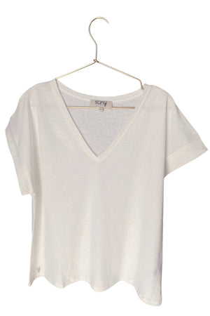 tee shirt écru, blanc cassé femme col V en lin et coton