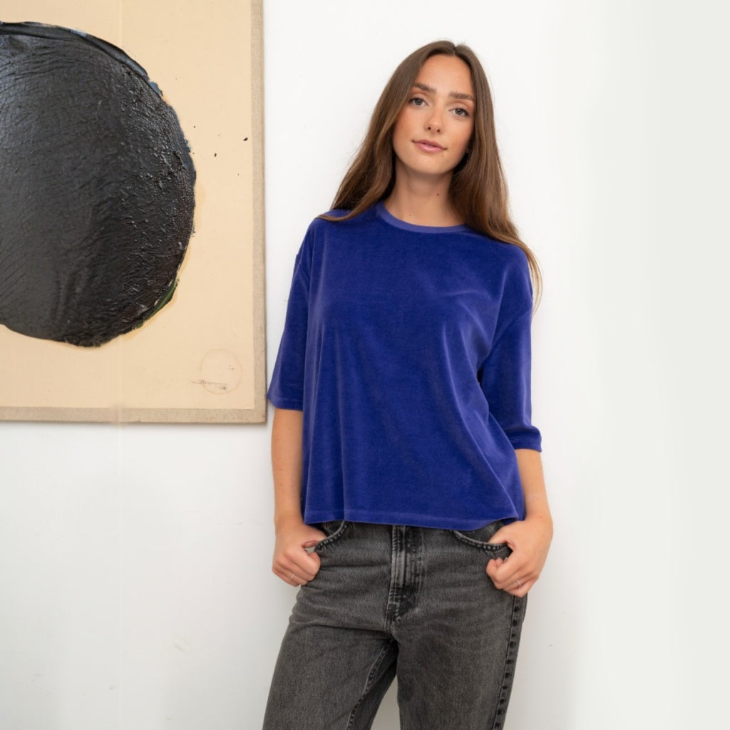 tee shirt en velours bleu profond manche au coude col rond femme coton bio suny