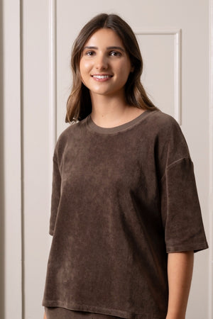 Tee-shirt HERMINE en velours bio marron café – coton bio GOTS, coupe oversize