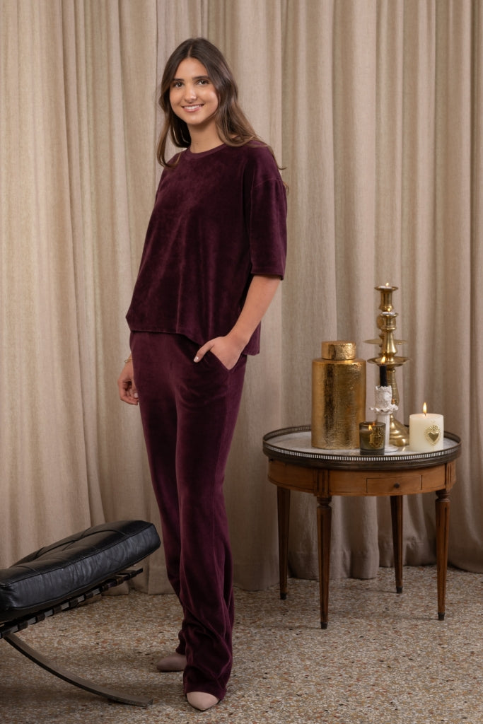 ensemble pantalon tee shirt bordeaux en velours bio suny