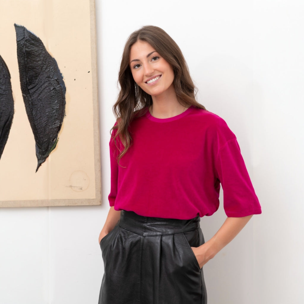 tee shirt en velours rose rouge manche au coude col rond femme coton bio suny