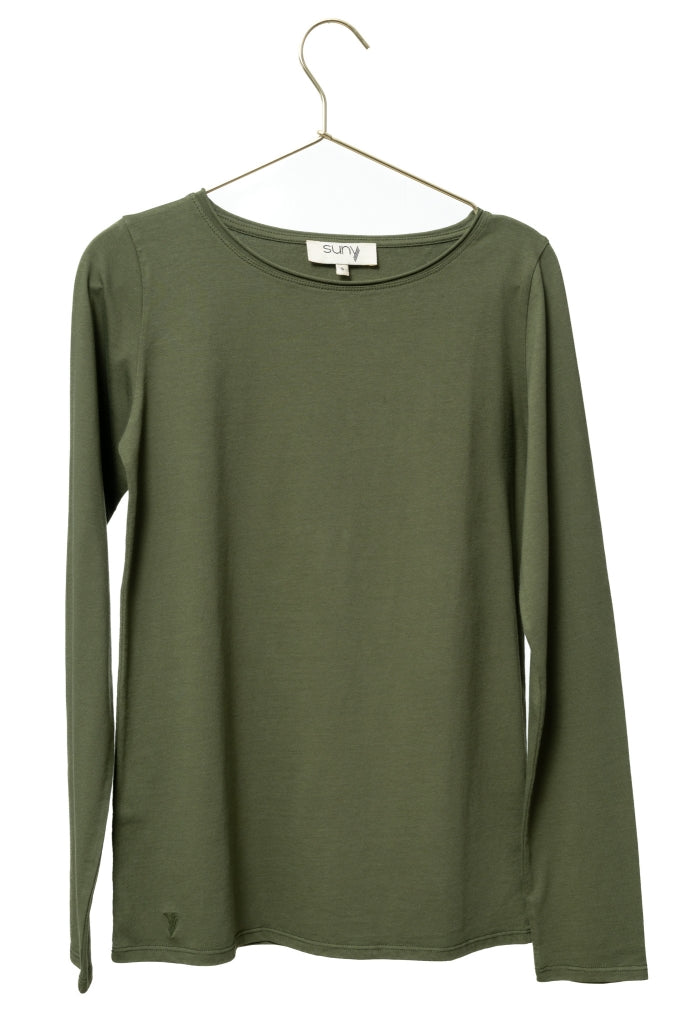 Tee-shirt JUNE kaki vert femme en coton bio manches longues col évasé roulotté Suny