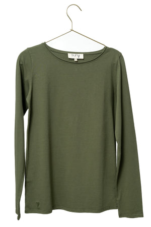 Tee-shirt JUNE kaki vert femme en coton bio manches longues col évasé roulotté Suny