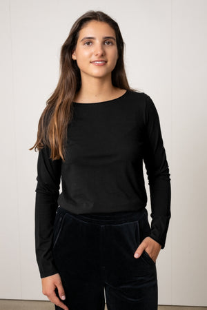 Tee-shirt JUNE noir noir femme manches longues en coton bio avec col évasé roulotté Suny