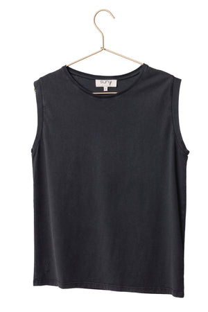 Tee shirt femme sans manche débardeur manche courte rock en coton jersey bio GOTS coupe droite, coupe ajustée, col rond noir vieilli, noir délavé, noir fade out, noir gris