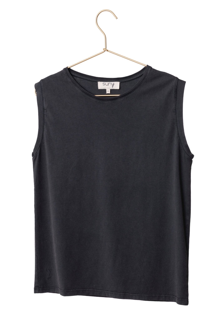 Tee shirt femme sans manche débardeur manche courte rock en coton jersey bio GOTS coupe droite, coupe ajustée, col rond noir vieilli, noir délavé, noir fade out, noir gris