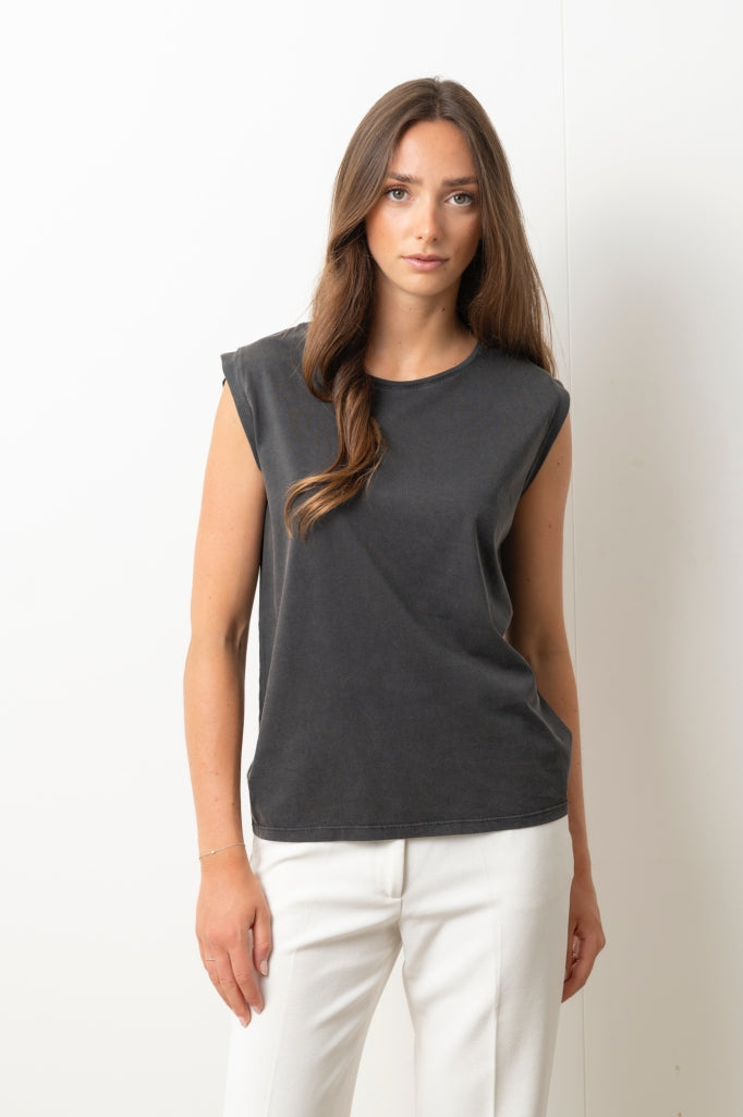 Tee shirt femme sans manche débardeur manche courte rock en coton jersey bio GOTS coupe droite, coupe ajustée, col rond noir vieilli, noir délavé, noir fade out, noir gris