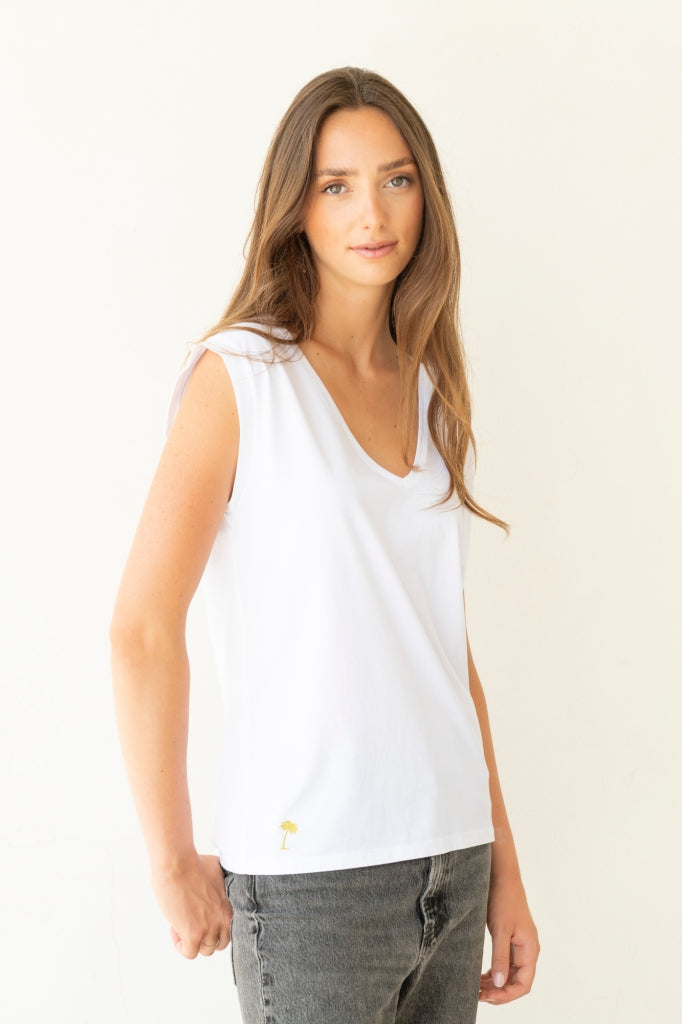 Tee shirt femme sans manche débardeur manche courte rock en coton jersey bio GOTS coupe droite, coupe ajustée, col V blanc beige, blanc cassé, beige, écru, blanc pâle