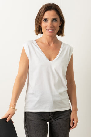 Tee shirt femme sans manche débardeur manche courte rock en coton jersey bio GOTS coupe droite, coupe ajustée, col V plongeant blanc 