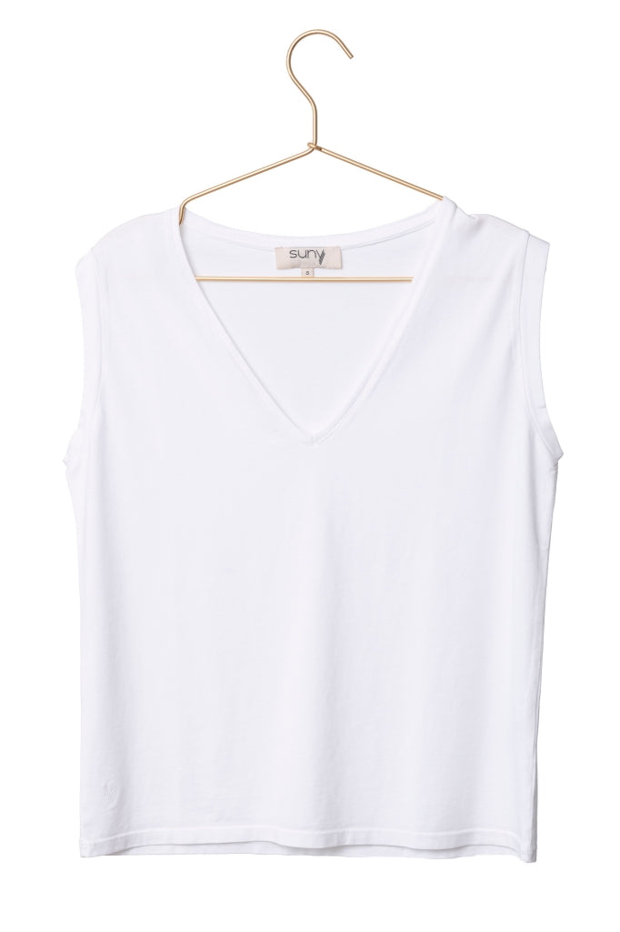 Tee shirt femme sans manche débardeur manche courte rock en coton jersey bio GOTS coupe droite, coupe ajustée, col V plongeant blanc 