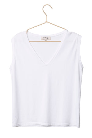 Tee shirt femme sans manche débardeur manche courte rock en coton jersey bio GOTS coupe droite, coupe ajustée, col V plongeant blanc 