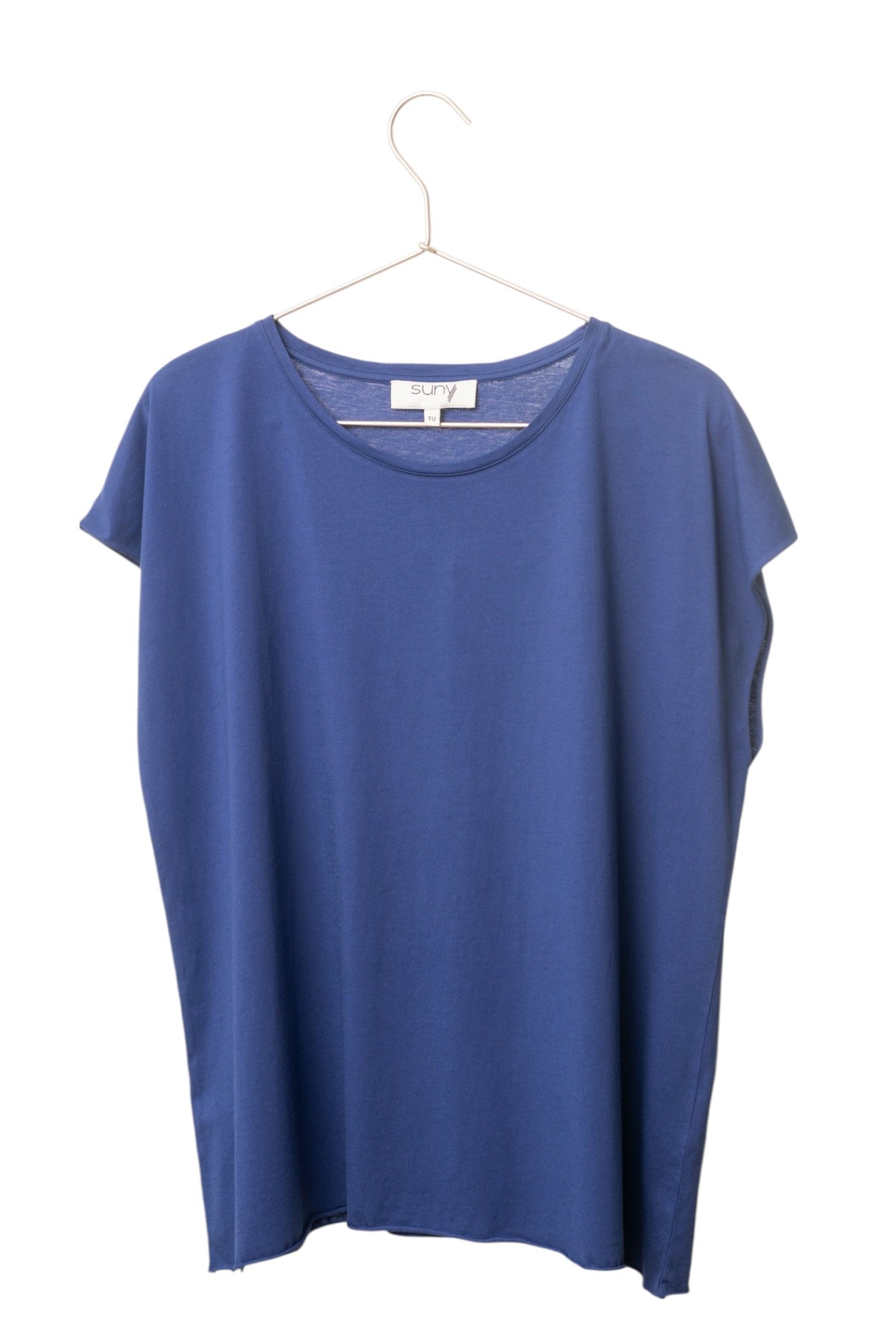 Tee shirt femme manche courte rock court et ample en coton bio GOTS éco responsable sans couture oversize col rond bleu saphir bleu lumineux