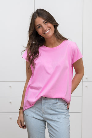 Tee shirt femme manche courte rock court et ample en coton bio GOTS éco responsable sans couture oversize col rond rose fluo