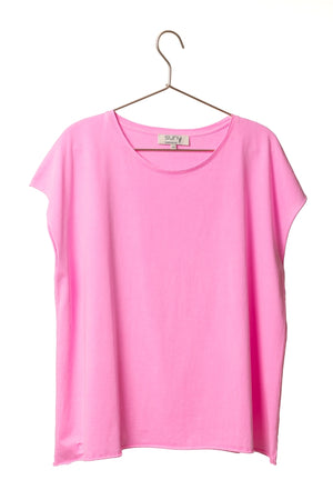 Tee shirt femme manche courte rock court et ample en coton bio GOTS éco responsable sans couture oversize col rond rose fluo