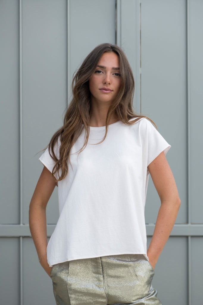 Tee shirt femme manche courte rock court et ample en coton bio GOTS éco responsable sans couture oversize col rond rose poudre, rose pâle, blanc rosé, écru, rose clair