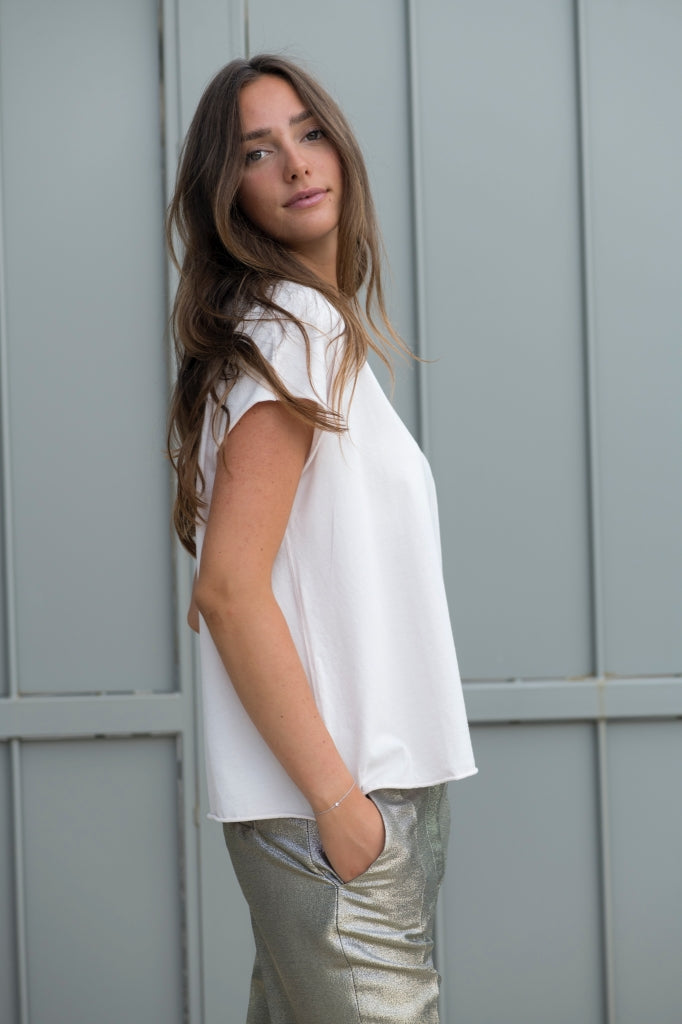 Tee shirt femme manche courte rock court et ample en coton bio GOTS éco responsable sans couture oversize col rond rose poudre, rose pâle, blanc rosé, écru, rose clair