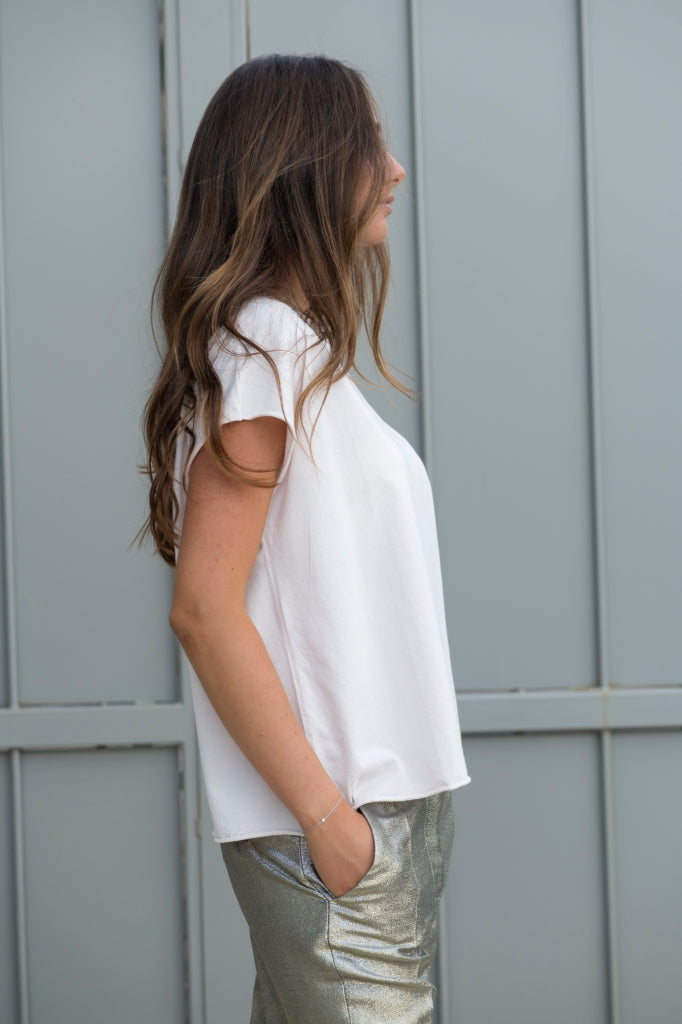 Tee shirt femme manche courte rock court et ample en coton bio GOTS éco responsable sans couture oversize col rond rose poudre, rose pâle, blanc rosé, écru, rose clair