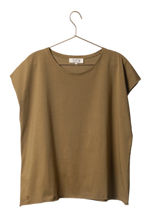 Tee shirt femme manche courte rock court et ample en coton bio GOTS éco responsable sans couture oversize col rond marron 